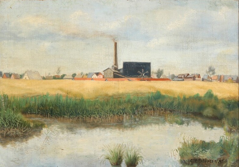 Ole Pedersen: An industrial landscape. Signed and dated Ole Pedersen 93. Oil on canvas laid on cardbord. 30×43 cm.