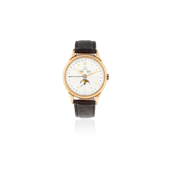 Omega. A gold plated manual wind triple calendar wristwatch with moon phase