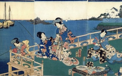 Original woodblock print triptych - Paper - Utagawa Kunisada (1786-1865) - 'Panoramic View of the Seaside from the Inn at Eguchi' 江口旅館海辺眺望図 - Japan - 1860 (Ansei 7/Man'en 1)