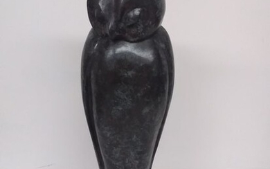 Owl on marble base - 55 cm - 7,4 kg - Patinated bronze