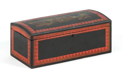 PAINTED PINE DOME-TOP DOCUMENT BOX With red and black decoration. Top with foliate design. Nice patina to finish. Height 6.5". Width...
