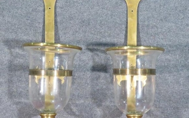 PAIR BRASS & GLASS HURRICANE LANTERNS