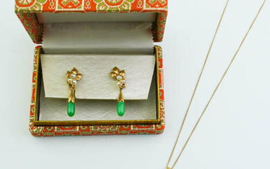 PAIR CHINESE 14K YELLOW GOLD, CULTURED PEARL AND APPLE GREEN...
