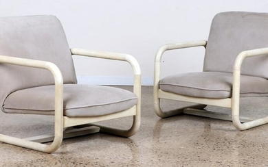 PAIR LOUNGE CHAIRS PARCHMENT COVERED FRAMES 1960