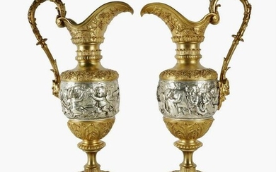 PAIR OF NEOCLASICAL GILT & SILVERED BRONZE EWERS