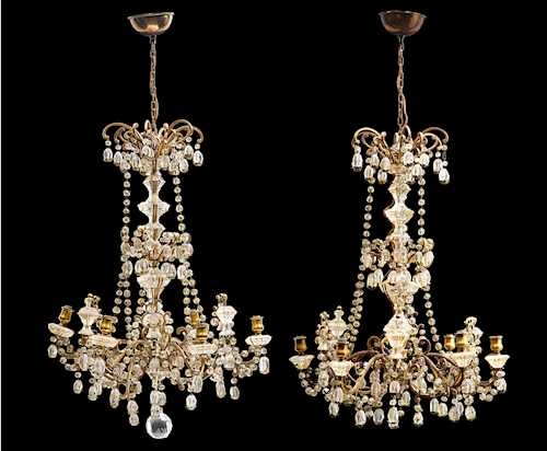 PAIR OF SMALL CHANDELIERS WITH ROCK-CRYSTAL HANGINGS