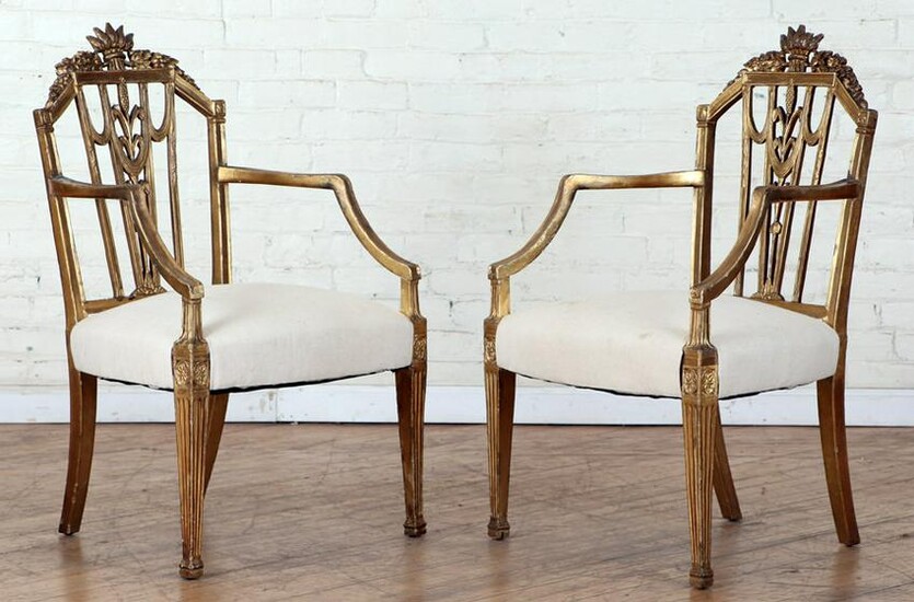 PAIR REGENCY STYLE GILT CARVED OPEN ARM CHAIRS