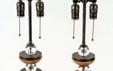 PAIR WOOD AND BRASS ADJUSTABLE TABLE LAMPS