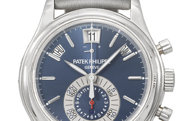 PATEK PHILIPPE. AN ATTRACTIVE PLATINUM AUTOMATIC ANNUAL CALENDAR FLYBACK CHRONOGRAPH...