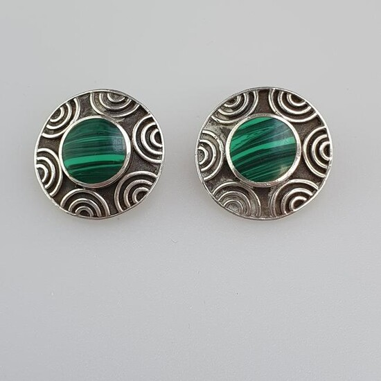 Paar Malachit-Ohrclips - Silber, gestempelt, runde Form