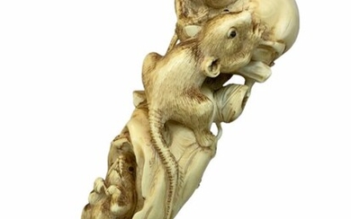Page Turner, Paper knive - Certificate included - Elephant ivory, Silver - Rat - Japan - Meiji period (1868-1912)
