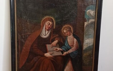 Painting, "The education of the virgin" - Oil painting on canvas - Early 18th century