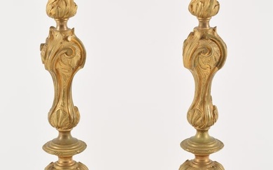 Pair 19th century French heavy gilt bronze Louis XIV style candlesticks. Removable bobeches. 14in