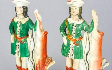 Pair Antique Staffordshire Statues Hunter & Hare