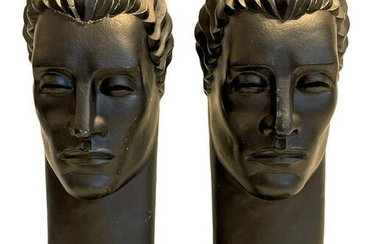 Pair Art Deco Painted Modern Man Male Bust Sculptures