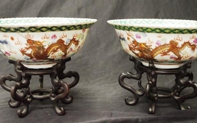 Pair Chinese painted Dragon ceramic bowls each with painted...