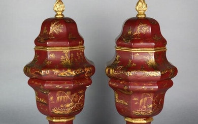 Pair Chinoiserie Gilt Decorated Urns