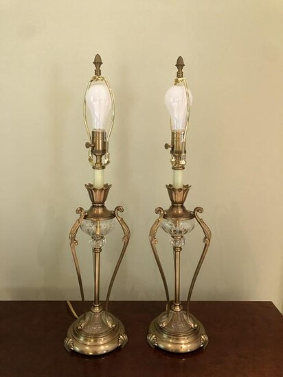Pair French Style Crystal & Brass Table Lamps