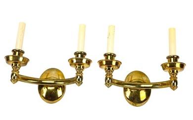 Pair Italian Art Deco Brass Double Light Sconces