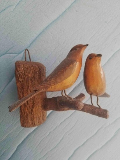 Pair Ofhand Carved Polychrome Painted Birds On Branches