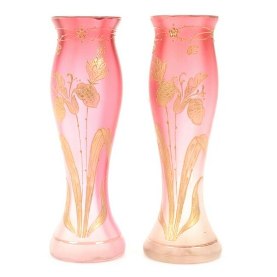 Pair Vases, Frosted Rubina Art Glass, Decorated