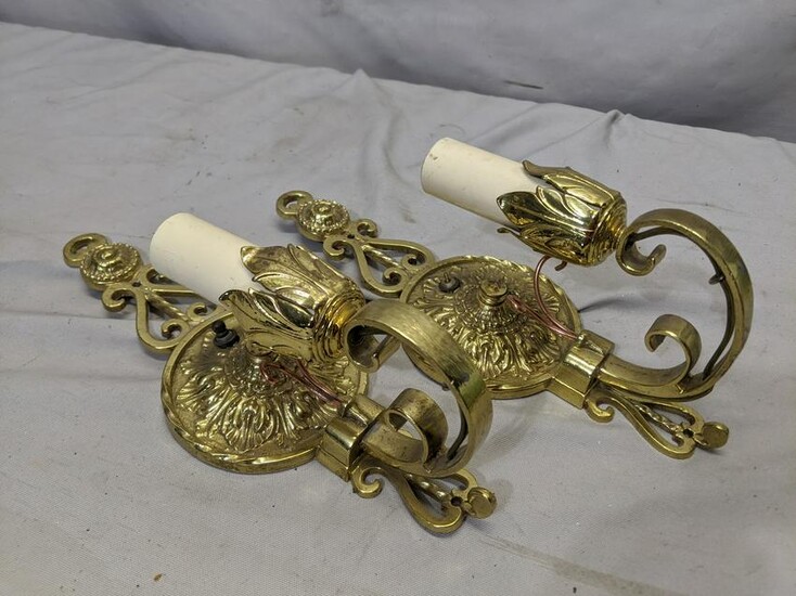 Pair Vintage Brass Electric Wall Sconces Lights