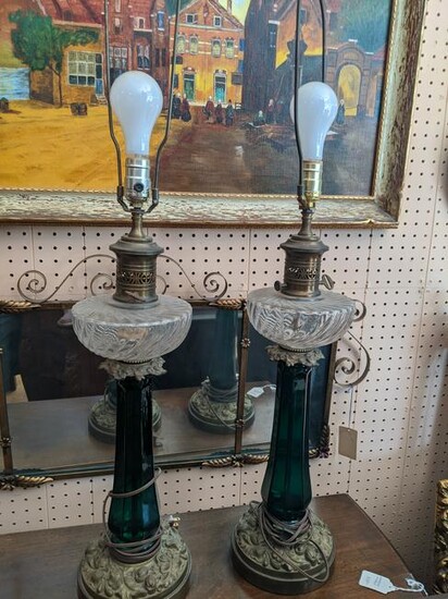 Pair c1940s Oil Style Tall Brass & Green Glass