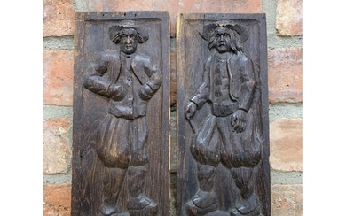 Pair of 19th century carved oak panels depicting Quaker gent...