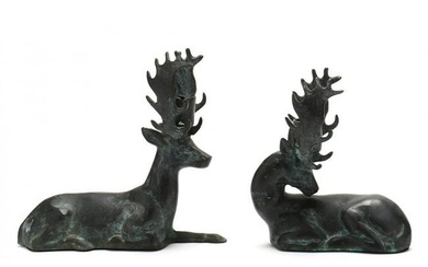 Pair of Cast Metal Recumbent Stag Candle Holders