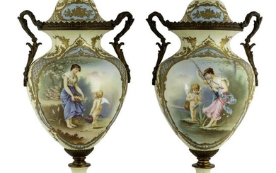Pair of Decorated Sevres Covered Urns