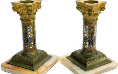 Pair of French Champleve Enamel Bronze Candlesticks, 19th Century