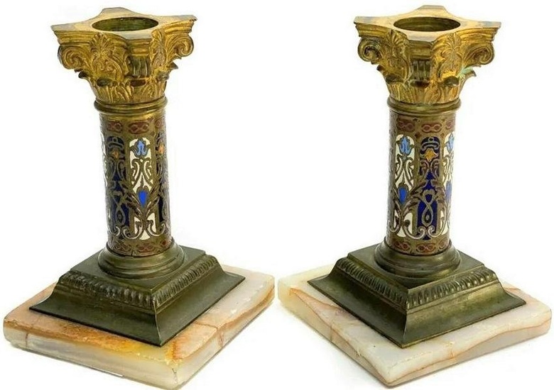 Pair of French Champleve Enamel Bronze Candlesticks, 19th Century
