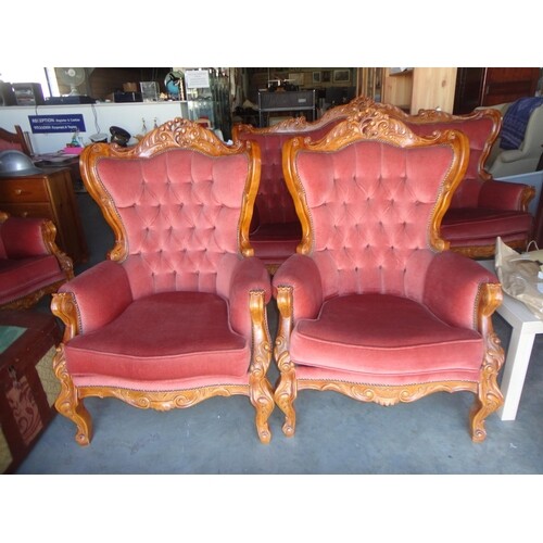 Pair of French Louis Style Carved Wood Armchairs Upholstered...