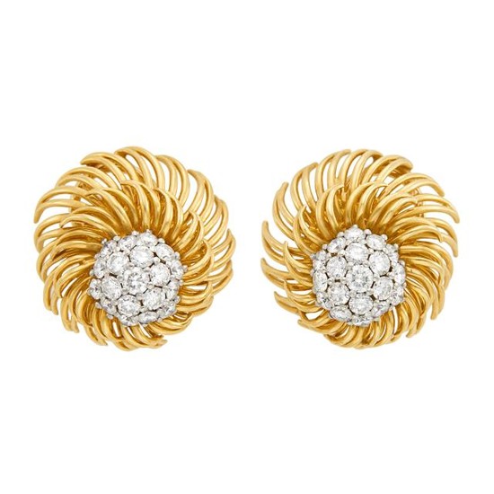 Pair of Gold and Diamond Dome Flower Earclips