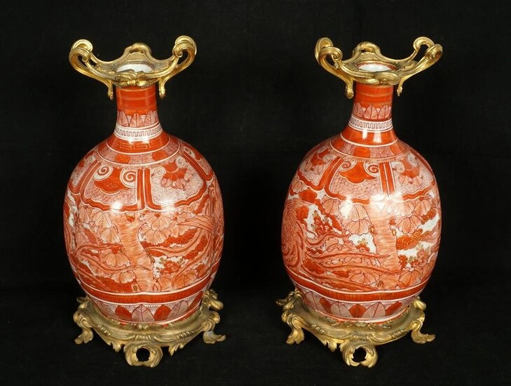 Pair Meiji Japanese Kutani Gilt Bronze Mounted Vases