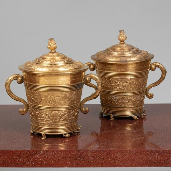 Pair of Large Danish Renaissance Style Gilt-Metal Cups