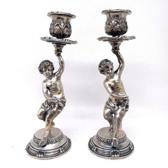 Pair of Liberty Candlesticks with Putti (2) - .925 silver - Italy - Second half 20th century