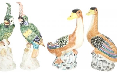 Pair of Mottahedeh Polychrome Pottery Ducks and a Pair of Mottahedeh Polychrome Pottery Cockatoos