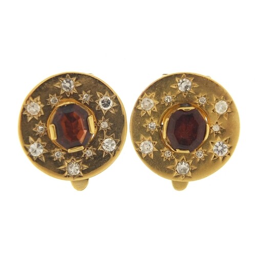 Pair of continental unmarked gold diamond and garnet clip on...