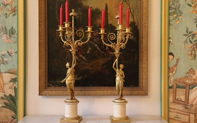 Paire de candélabres en bronze ciselé et... - Lot 57 - Alexandre Landre