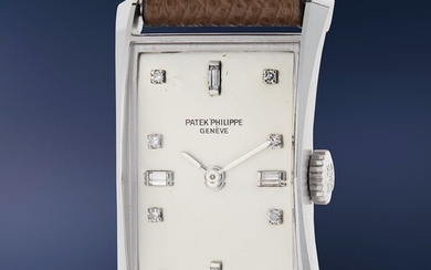 Patek Philippe, Ref. 1593 A fresh-to-the-market, extremely scarce, and well-preserved platinum rectangular wristwatch with diamond-set dial and faceted crystal