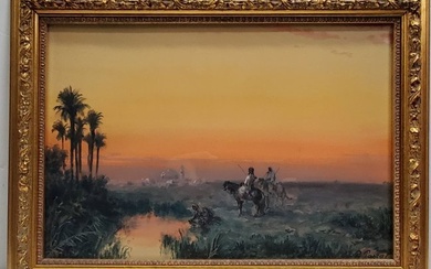 Paul Pascal 19c Orientalist Sunset Watercolor Gouache French Continental Arab Horseback Landscape Pa