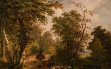 Pierre Hellemans (1787-1845), wooded landscape with shepherd and cattle, oil on panel, 57 x 72...