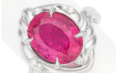 Pink Tourmaline, Diamond, Platinum Ring Stones: Oval-shaped tourmaline weighing...