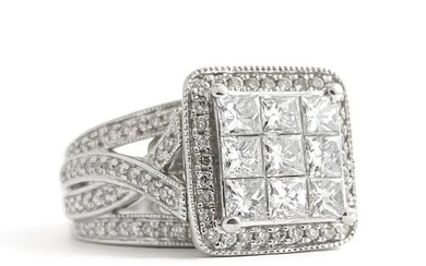 Princess Cut Invisible Set Diamond Halo Engagement Ring 14K White Gold, 1.15 CTW