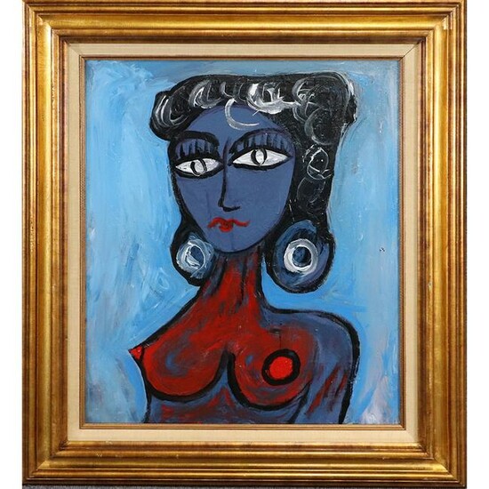 Pulgini, Mid-Century Modern Abstract Blue Woman Oil/b