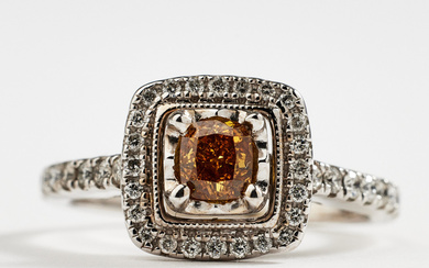 RING, 14k white gold, 1 brilliant cut diamond, 0,46 ct, Fancy Deep Brownish Orange/VS, bordered by and ring rail with brilliant cut diamonds, total 0,26 ct.