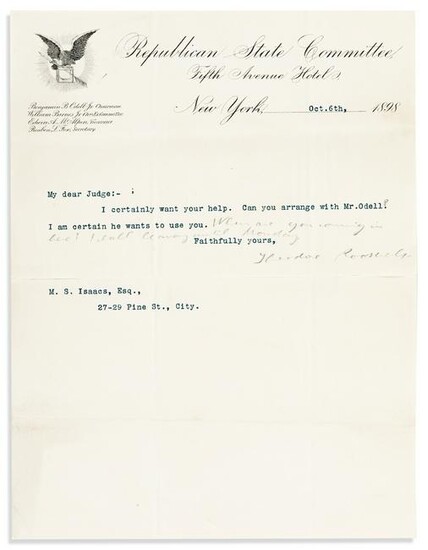 ROOSEVELT, THEODORE. Typed Letter Signed, to Judge Myer