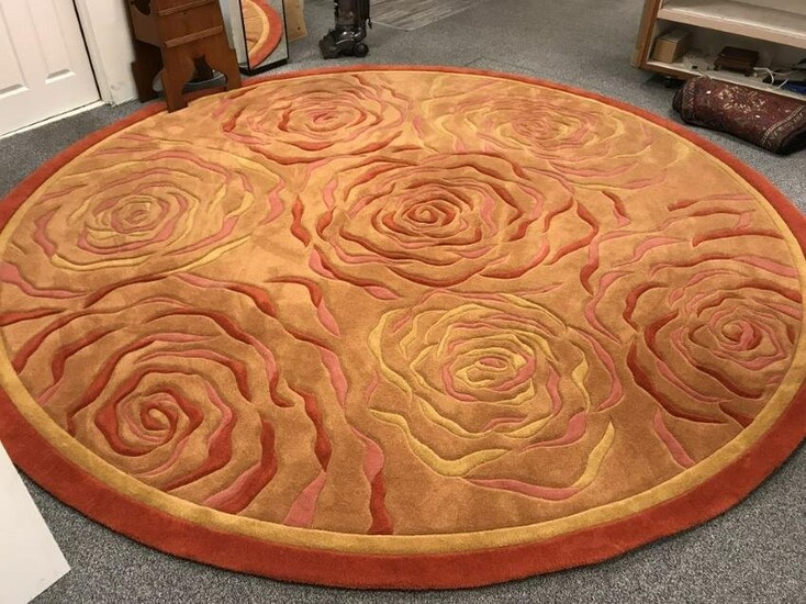 ROUND HAND CARVED FLORAL WOOL AREA RUG 12'7" DIAM