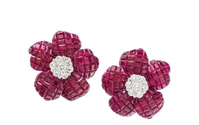 RUBY AND DIAMOND FLOWER EARCLIPS